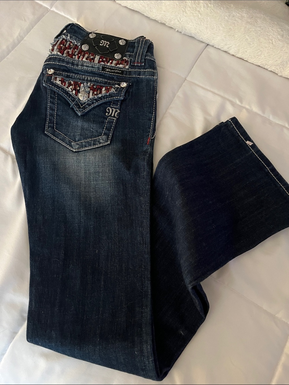 Miss Me Dark Indigo Boot Cut Jeans with Red Sequin Detail - Picture 4 of 4